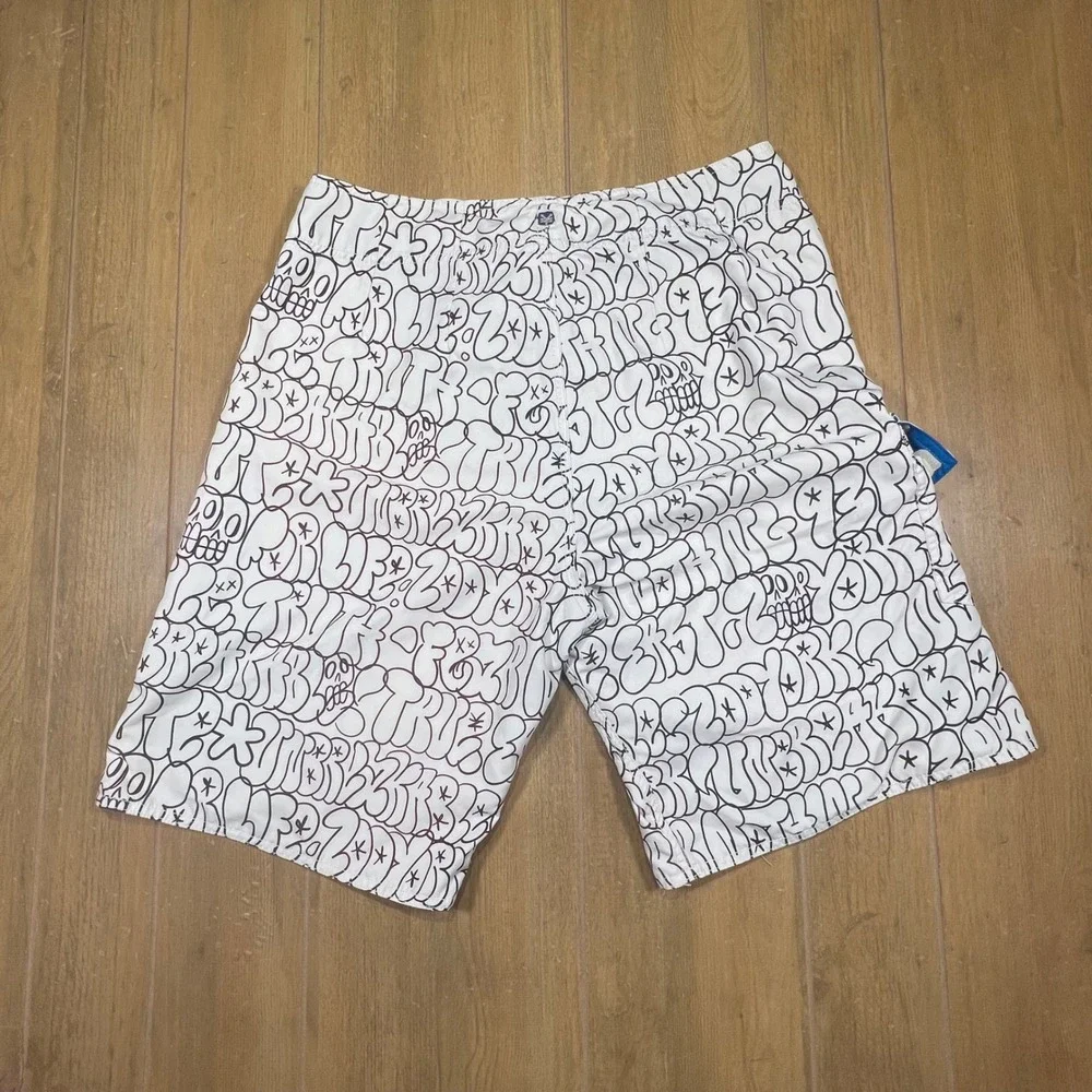 Zoo York Graffiti Board Shorts Mens 36 White Black Print Swim Trunks Skater